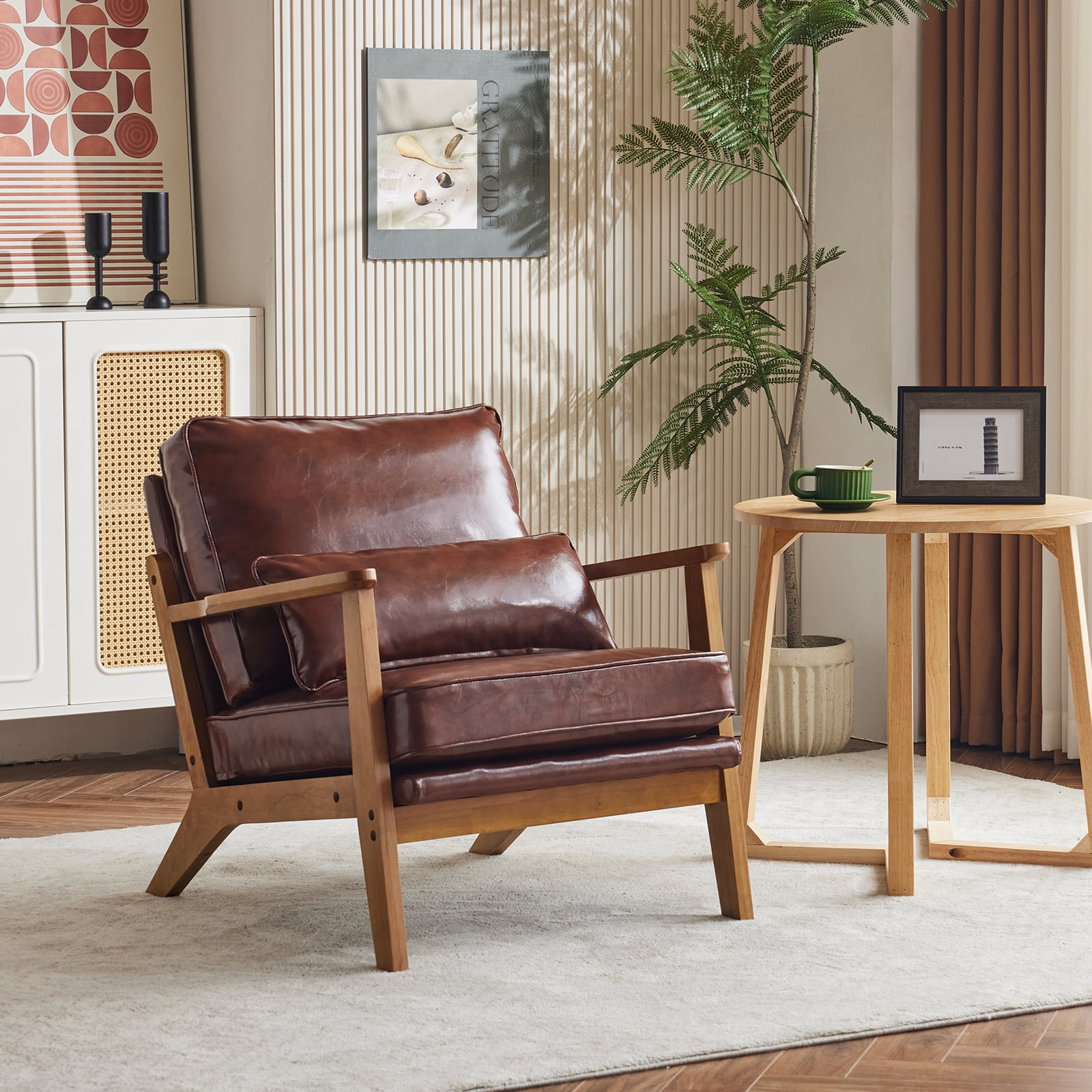 Ktaxon Accent Chair PU Upholstered Armchair, Reading Club Chair with Pillow for Living Room Bedroom Furniture Brown