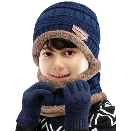 Maylisacc Kids Winter Knitted Hat and Fleece Neck Warmer Scarf Set for Boys Girls Age 5-10 Blue