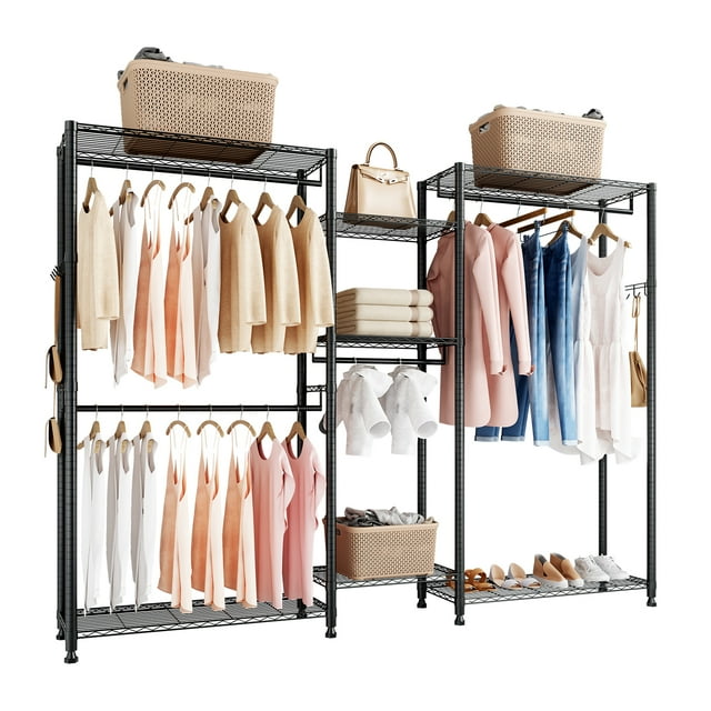 VEVOR Clothing Garment Rack, Heavy Duty Closet Wardrobe, 7 Adjustable Tiers Clothes Racks with Steel Frame, 850 lbs Load Capacity Clothes Rack with 4 Hanging Rods