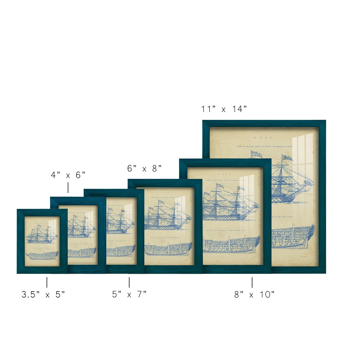 Vintage Ship Blueprint -Framed Print w/glass-Ocean Blue