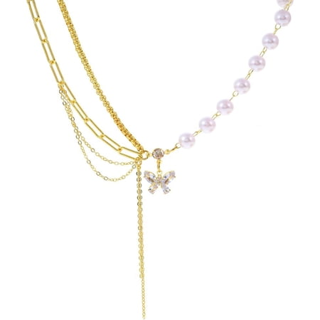 1Pc Alloy Rhinestone Butterfly Pendant Necklaces Iron & Imitation Pearl Chain Necklaces for Women White Light Gold 16.73 inch(42.5cm)