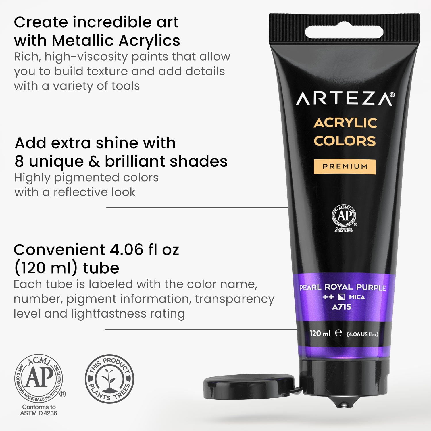 Arteza Acrylic Artist Paint, Metallic Finish, Multicolor, Set of 8, 120 mL