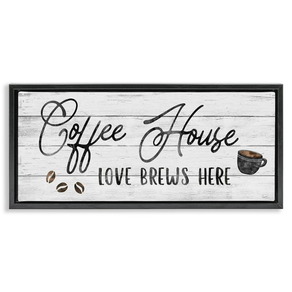 Stupell Industries Coffee House Love Brews Here Food & Beverage Painting Black Floater Framed Canvas Art Print Wall Art, 25 x 11