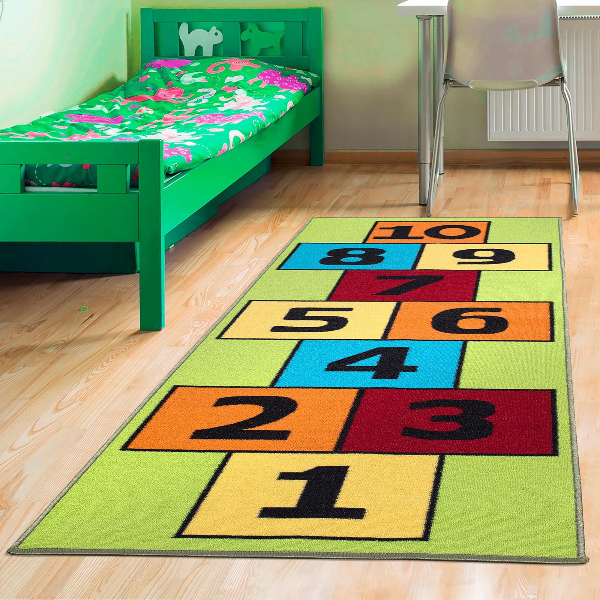 Ottomanson Hopscotch Non-Slip 3x6 Runner Rug for Kids Playroom, 2'7" x 6', Green