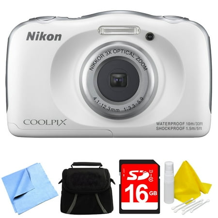 Nikon COOLPIX S33 13.2MP Waterproof Shockproof Freezeproof Digital Camera White Bundle - Includes Camera, Compact Deluxe Gadget Bag, 16GB Secure Digital SD Memory Card, Cleaning Kit and Cleaning Clot