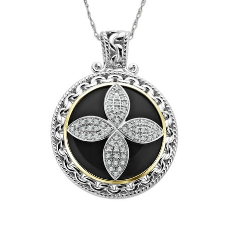 Duet 8 ct Natural Onyx & 1/5 ct Diamond Medallion Pendant Necklace in Sterling Silver & 14kt Gold