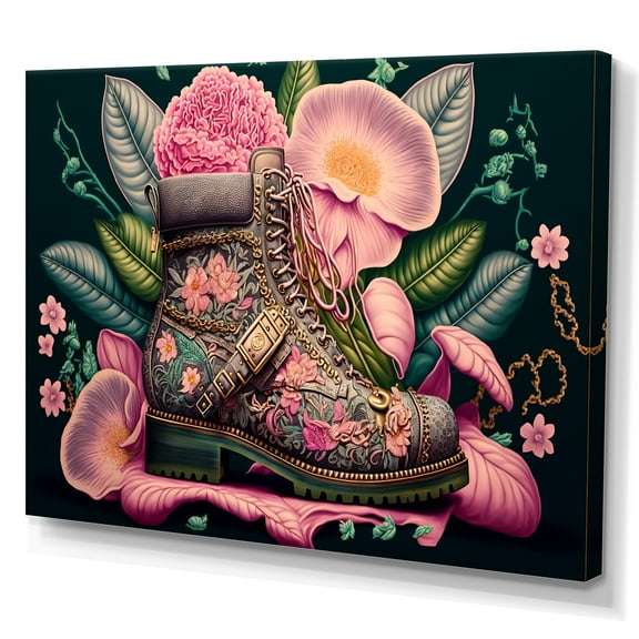 Designart Floral Pink Army Boots Art Canvas Wall Art