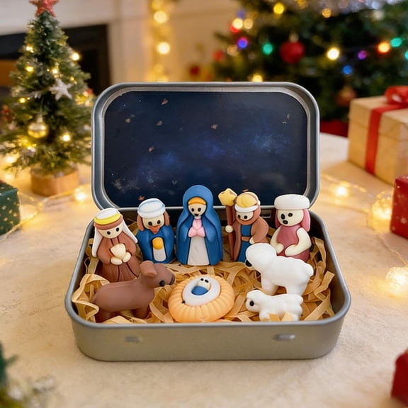 Mini Christmas Nativity Set in Tin Box - 9 Pcs Miniature Manger Scene with Religious Figures, Portable Christmas Tabletop Decor, Starry Night Storage Case, Small Nativity Set Gift for Kids and Adults