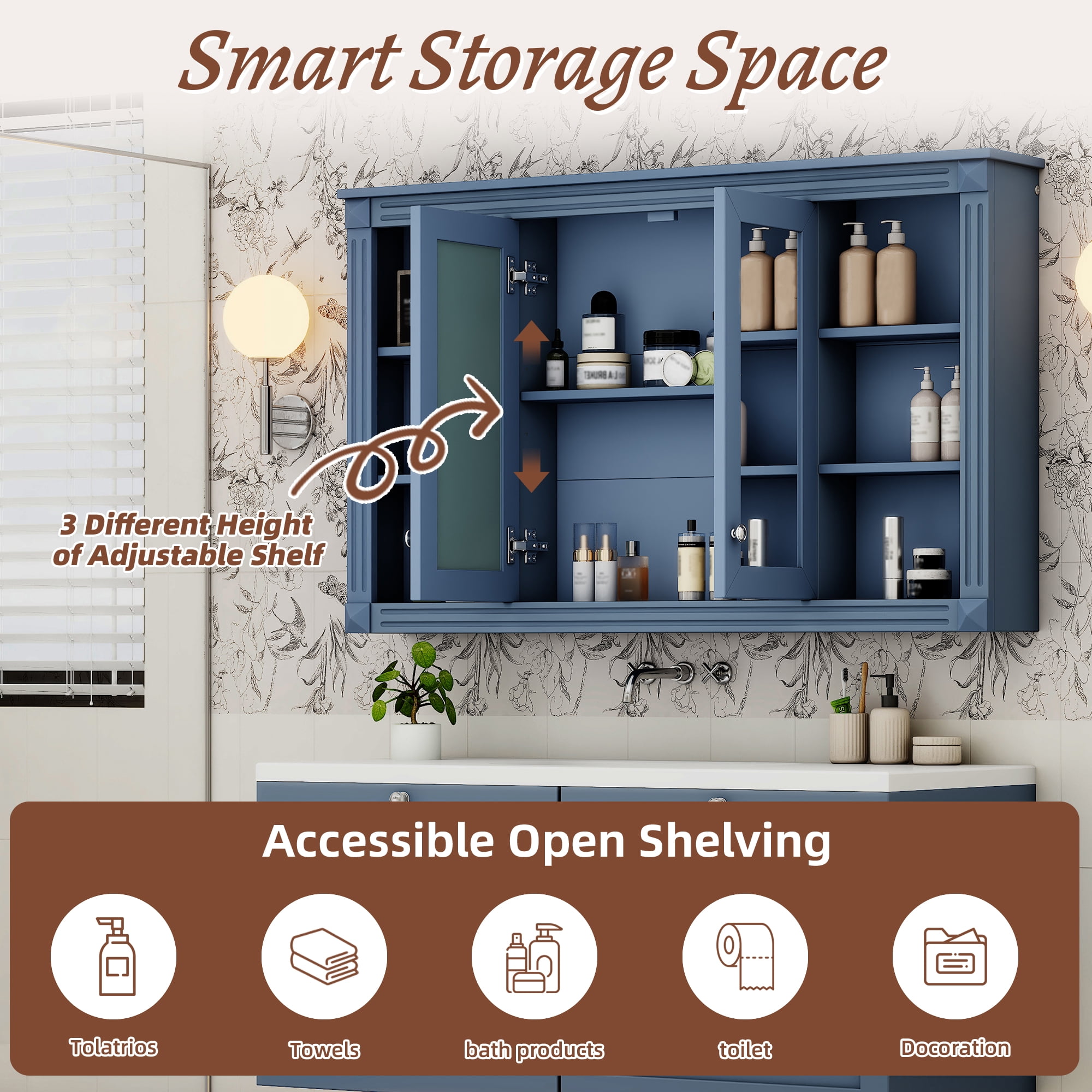 Euroco 47 Inch Bathroom Mirror Cabinet with Storage, Adjustable Shelf and Open Shelves, Wall Mounted Medicine Cabinet for Bathroom, Bedroom, Vanity