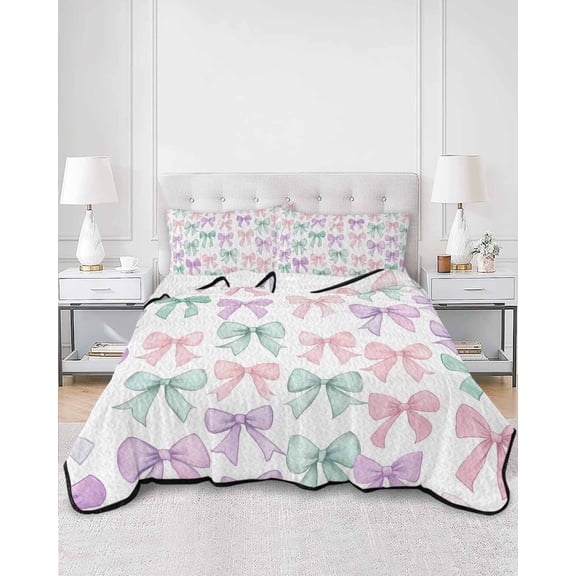 Quilts Twin Size, Pink Purple Teal Soft Comforter Bedding Set for Bed, Watercolor Bow Farmhouse Lightweight Quilted Bedspread with Pillow Cover(2 Pieces) for All Season, 68x86 Inch