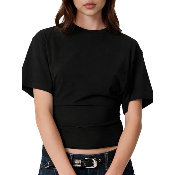 LMLYSoH Womens Summer T Shirt Short Sleeve Crew Neck Solid Color Casual Ruched Cinched Waist Crop Tops