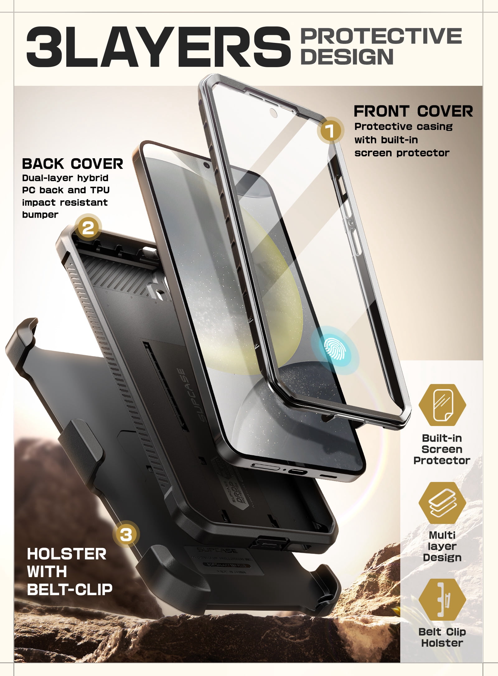 SUPCASE for Samsung Galaxy S25 Case with Stand, [Unicorn Beetle Pro] [2 Front Frames] [Built-in Screen Protector & Belt-Clip] Military-Grade Protection Phone Case Cover for Galaxy S25, Black