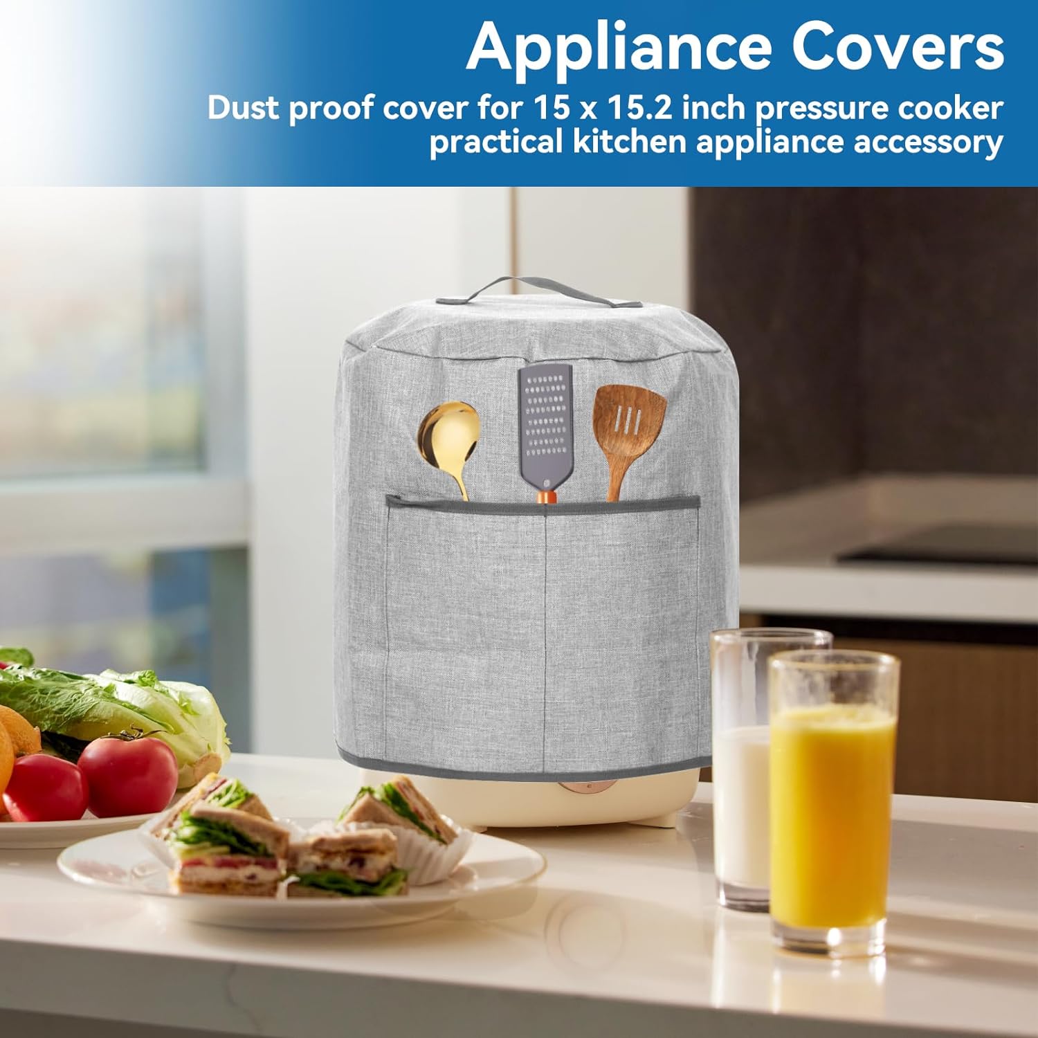 ABPETE Air Fryer Dust Cover, Waterproof Insulated Protective Cover Bag with Pocket and Handle for Electric Pressure Cooker Air Fryer Rice Cooker Steamer, 38 x 38.7 cm(Grey)