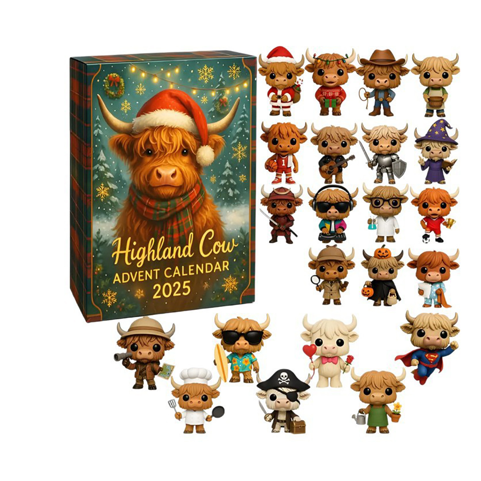 Ellxen Highland Cow Calendrier De L'Avent 2024 – 24 Jours – Décoration Noël Acrylique 2D Vaches Highland Mignonnes – Compte à Rebours Festif Maison