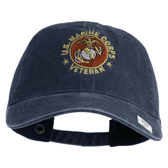 US Marine Corps Veteran Emblem Embroidered Washed Solid Pigment Dyed Cotton Twill Brass Buckle Cap - Navy OSFM