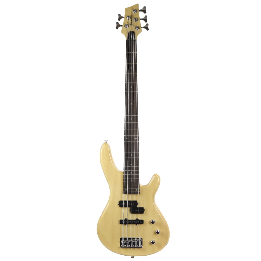 Kona Guitars KE5BN 5-String Electric Bass Guitar with Split Pickup and Custom Fit Tolex Case, Natural Gloss Wood Finish