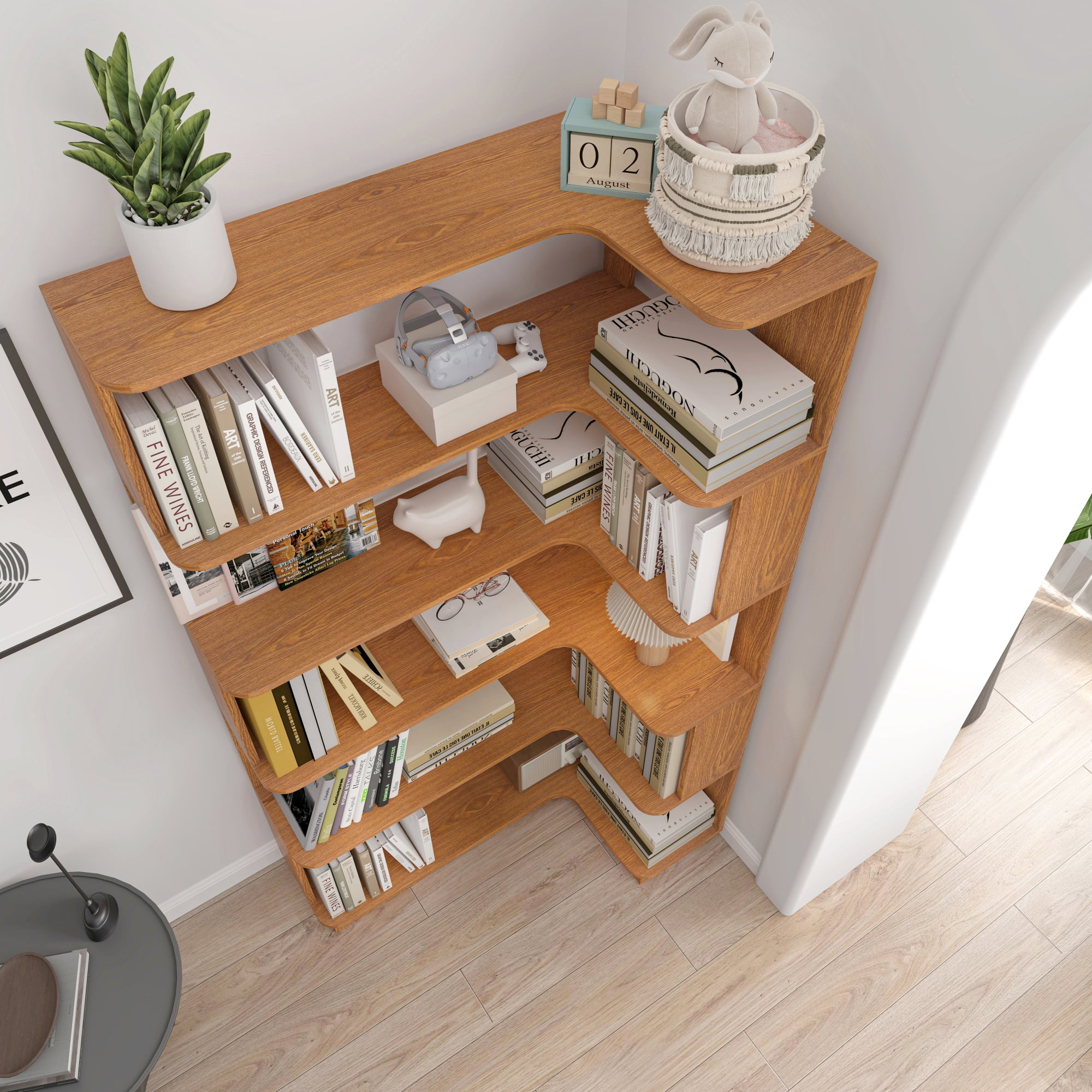 Leumius 5 Tier Freestanding Bookshelf,Wooden L-Shaped Corner Bookcase with Anti-drop Panel and Anti Tipping Device, Display shelf Open Storage,Dark Oak
