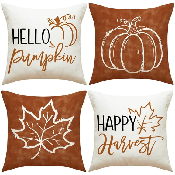 PRIYAL Happy Harvest Pumking Linen Pillow Covers Decorative Throw Pillow Case for Couch,4pcs 18x18 inch Cushion Cover for Sofa Bedroom Home Decor