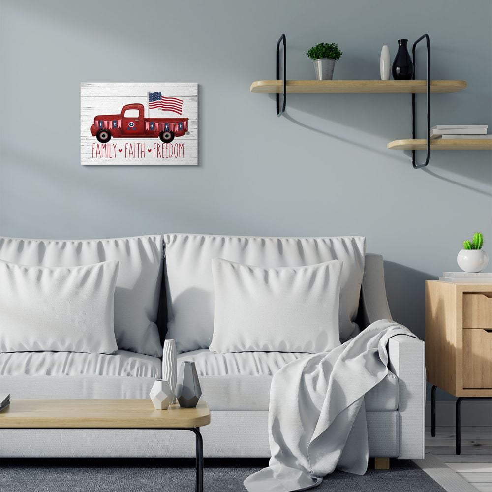 Stupell Industries Rustic Faith Family Freedom Patriotic Quote Americana Truck Canvas Wall Art Design by Lettered and Lined, 16" x 20"
