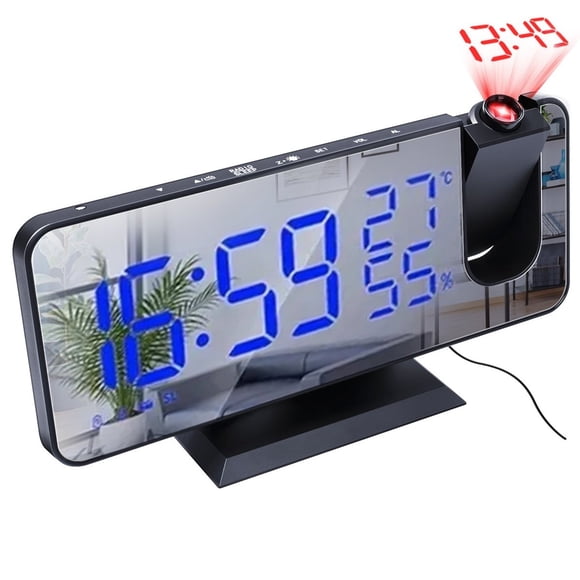Reloj de Proyección Digital LED con Radio y Espejo, USB, Ajuste de Temperatura, Humedad y Brillo, Función de Repetición, Decoración de Escritorio para el Hogar.