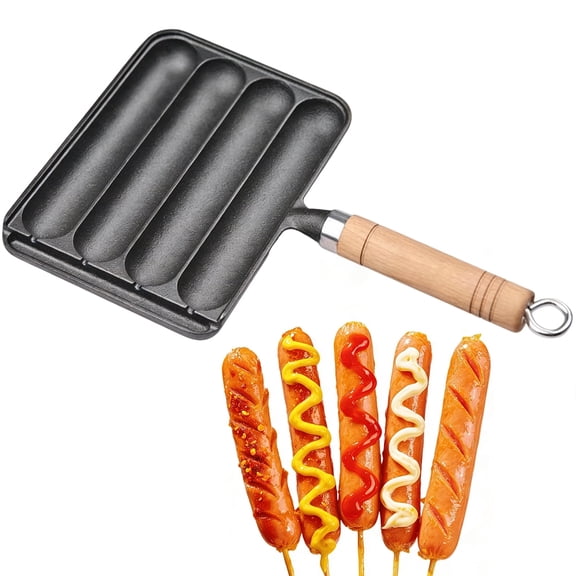 Cast Iron Sausage Frying Pan, Heat Resistant Wooden Handle, Special Skillet for Hot Dog Cooking