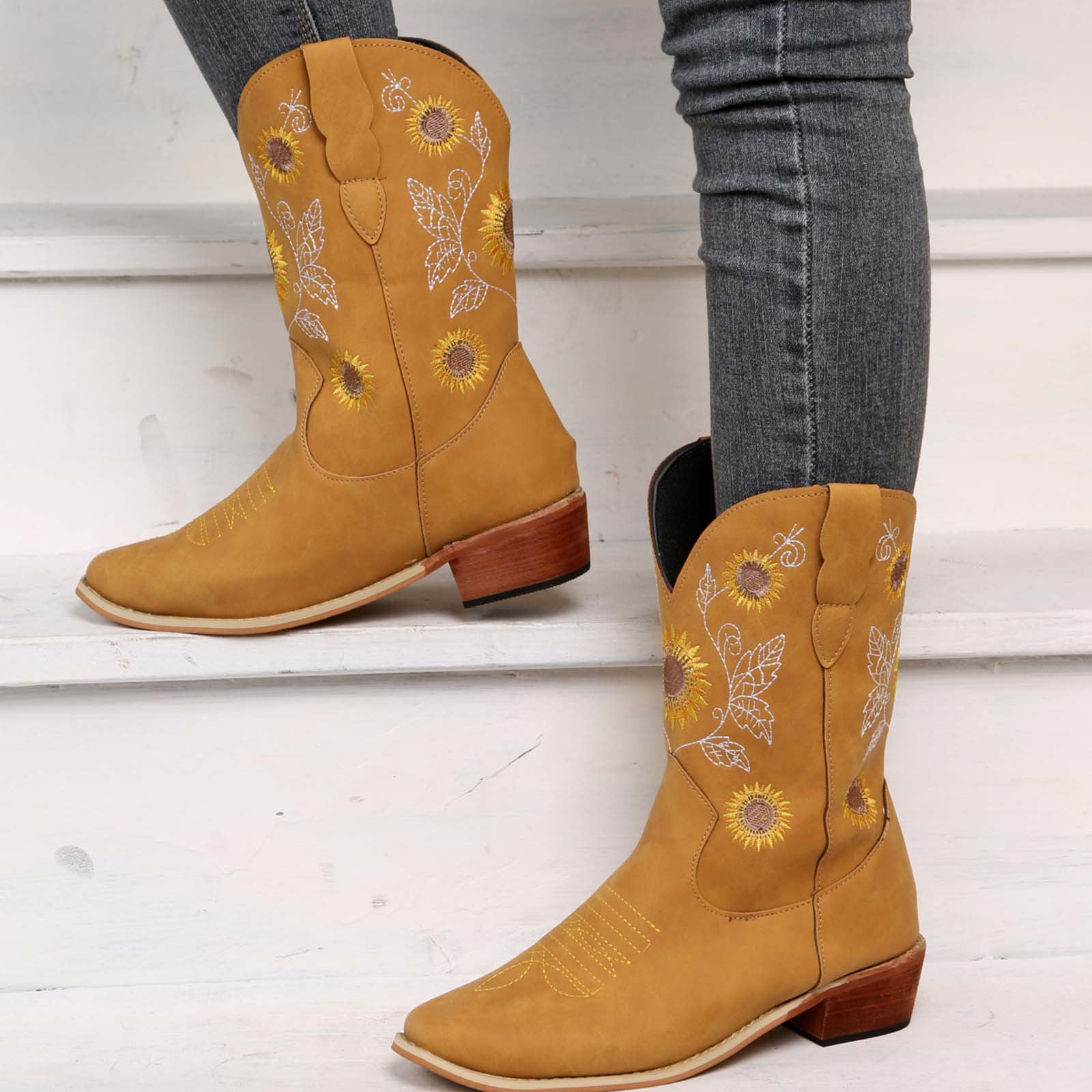 Womens Western Cowgirl Mid Calf Boots Square-Toe Chunky Heel Pull On Cowboy Knee High Boots Winter Knight Boots For Women