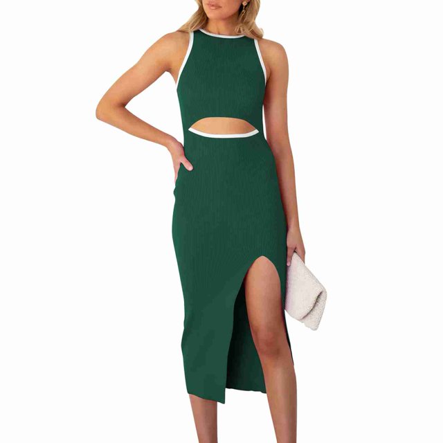 Vestido Sin Mangas Ahuecado,Vestido Sin Mangas para Mujer,Vestido Envuelto En La Cadera Sin Mangas,Vestido Sin Mangas con Corte En La Cintura,Artesanía Excepcional