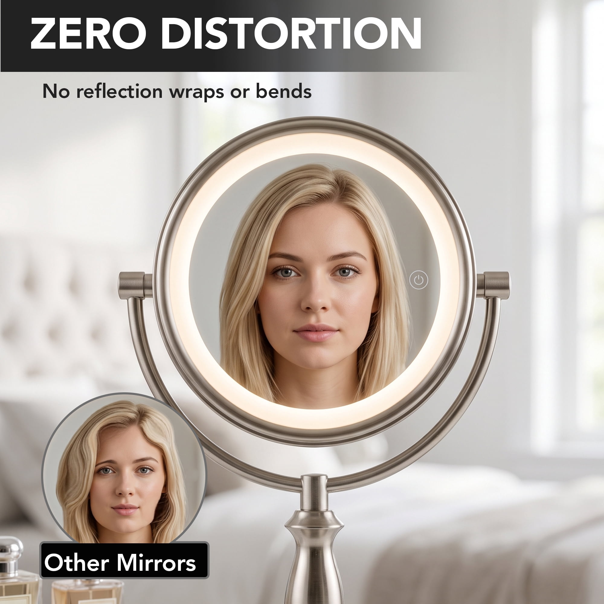 OVENTE 7.5" Lighted Tabletop Vanity Makeup Mirror, 1X & 10X Magnifier, Spinning Double Sided Round LED, 3 Tone Smart Touch, Auto Shut off Timer, Battery & AC Plug Powered, Nickel Brushed MPT75BR1X10X