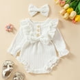 thumbnail image 3 of WIBACKER Newborn Infant Baby Girl Fall Winter Clothes Knit Ruffle Long Sleeve Bubble Romper Bodysuit One-Piece Outfit with Headband, 3 of 10