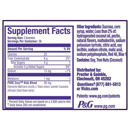 Vicks ZzzQuil Pure Zzzs Kidz Melatonin Sleep Aid Gummies for Kids, Dietary Supplement, Berry, 72 Ct