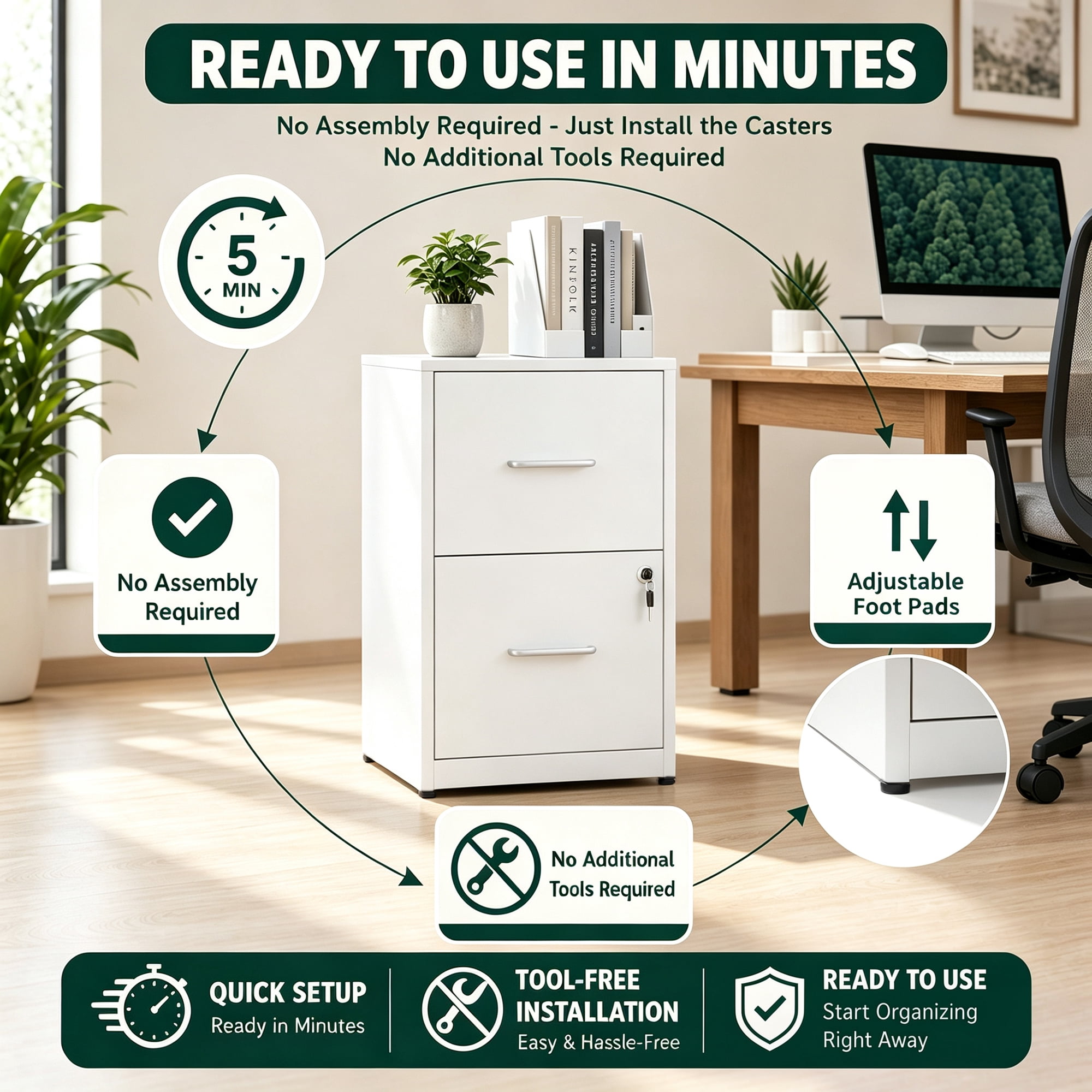 2-Drawer Steel File Cabinet with Anti-Tip Wall Safety, Adjustable Hanging Rails, Central Locking System, Compact Under-Desk Design for Home Office Study