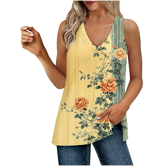 UPPADA Débardeurs d'Été pour Femmes à Col en V, Laçage à l'Avant, T-Shirts, Chemises Sans Manches, Coupe Ample, Chemises Confortables, Tenues de Plage, Multicolore, TG