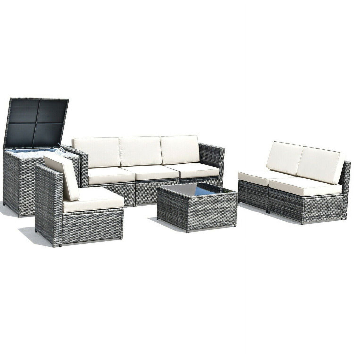Aimee Lii 8 Piece Wicker Sofa Rattan Dinning Set Patio Furniture with Storage Table, Outdoor Deck Furniture, White Aimee Lii 8 Piece Wicker Sofa Rattan Dinning Set Patio Furniture with Storage Table, Outdoor Deck Furniture, White