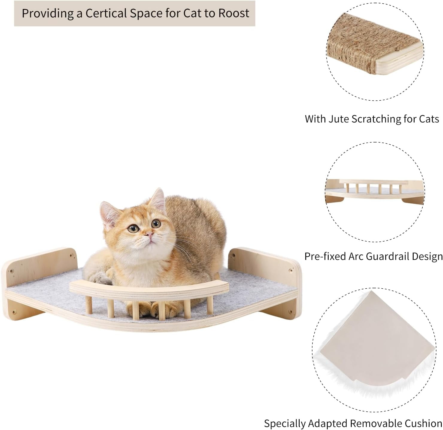 Cat Wall Shelves - 3 Steps Scratch Post & Hammock Bed with Plush Cover, Climbing Shelf for Indoor Cats (Wood)