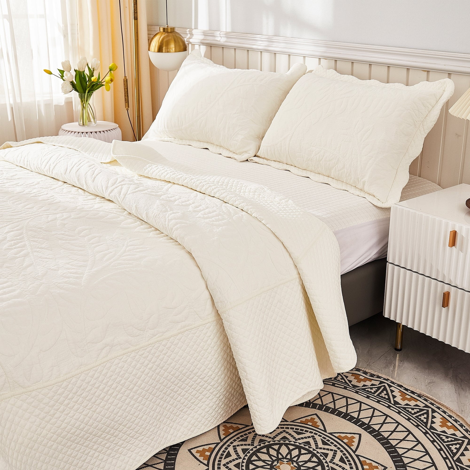 MarCielo  3 Piece Cotton Oversized Bedspread Quilt Set Tmonica Soft White - Queen