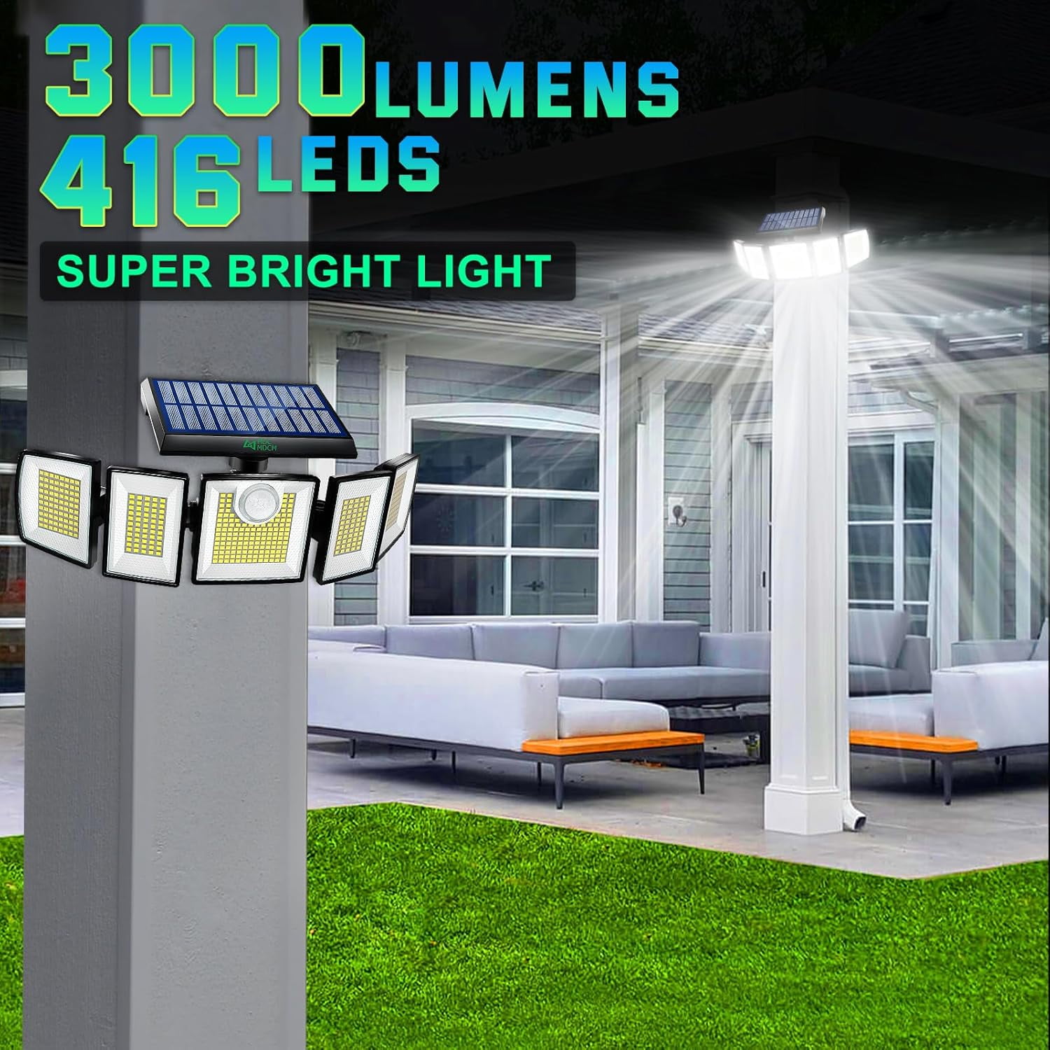 Solar Lights Outdoor Waterproof Motion Sensor - 416 LEDs 3000 Lumens Super Bright 3 Brightness 3 Modes 2400mAh 360° Illumination 32ft Solar Flood Security Light for Outside - 3 Pack