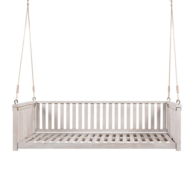 Patio Twin Size Garden Swing Bed, Wooden Porch Swing Frame with Ropes, Outdoor Hanging Swing for Garden, Backyard, Patio, Safe Sloped Design