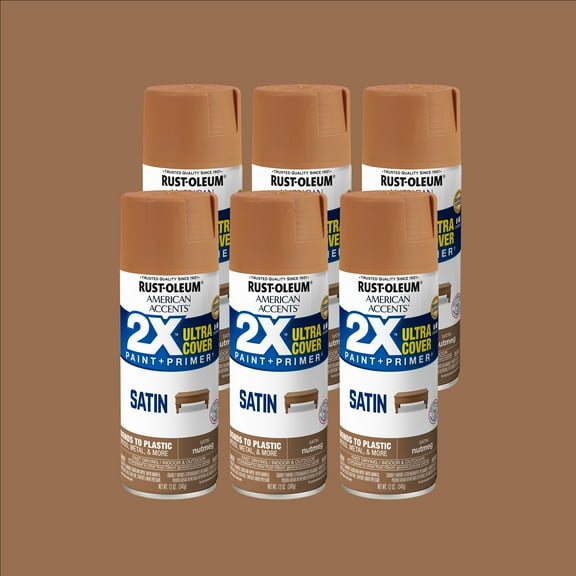 6 Pack, Nutmeg Rust-Oleum American Accents 2X Ultra Cover Satin Spray Paint-327917, 12 oz