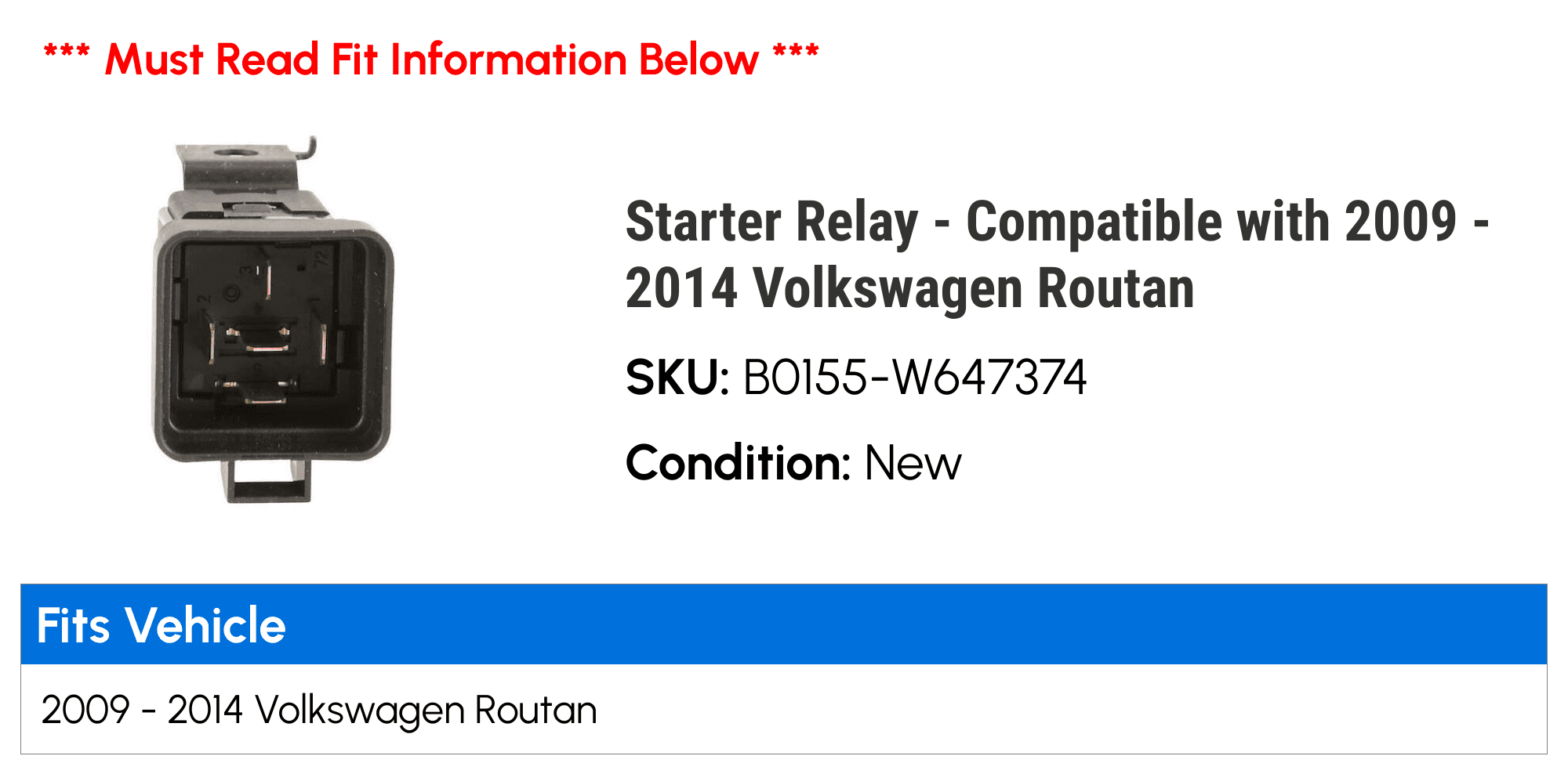 Starter Relay - Compatible with 2009 - 2014 Volkswagen Routan 2010 2011 2012 2013