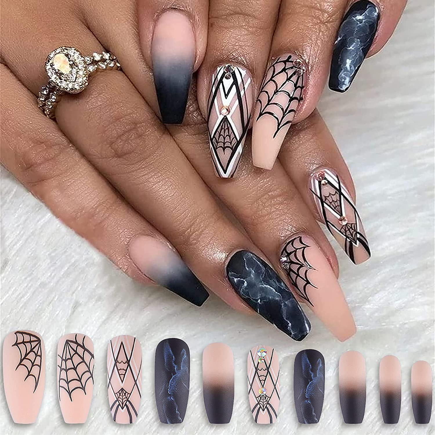 24 PCS Press on Nails Long Coffin with Designs Spider Web Stick Glue on  Nails | Walmart Canada