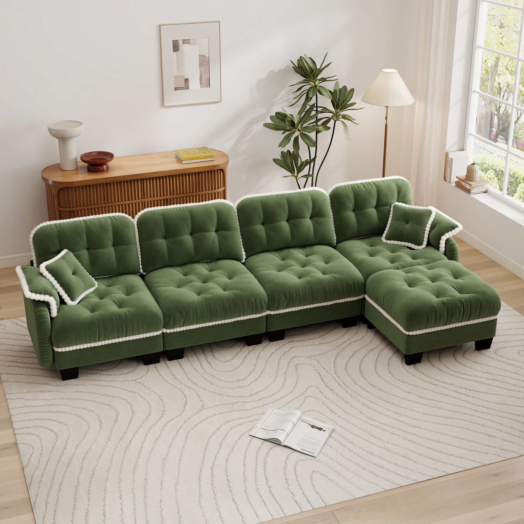 Aenkyo 131.5" Chenille Modular 4-Seater Sectional Sofa with Movable Ottoman, Green
