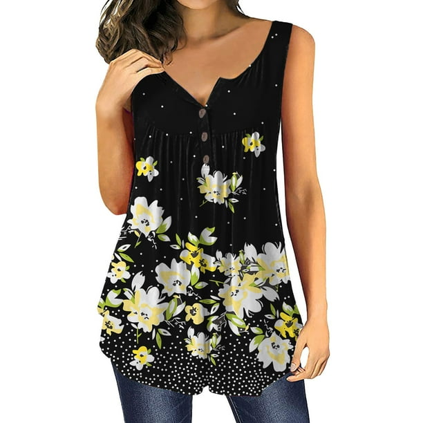 Mujeres verano tops casual botón plisado cuello redondo impreso sin mangas túnica camiseta blusa suelta camiseta Pompotops lopia987586
