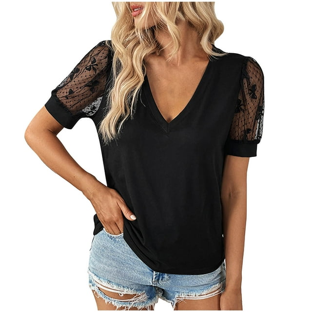 Pisexur Hauts pour Femmes Blouses en Dentelle à Manches Courtes Col en V Tee Tops Été Décontracté Polyvalent Noir Tops Mode Bureau Robe T-Shirts