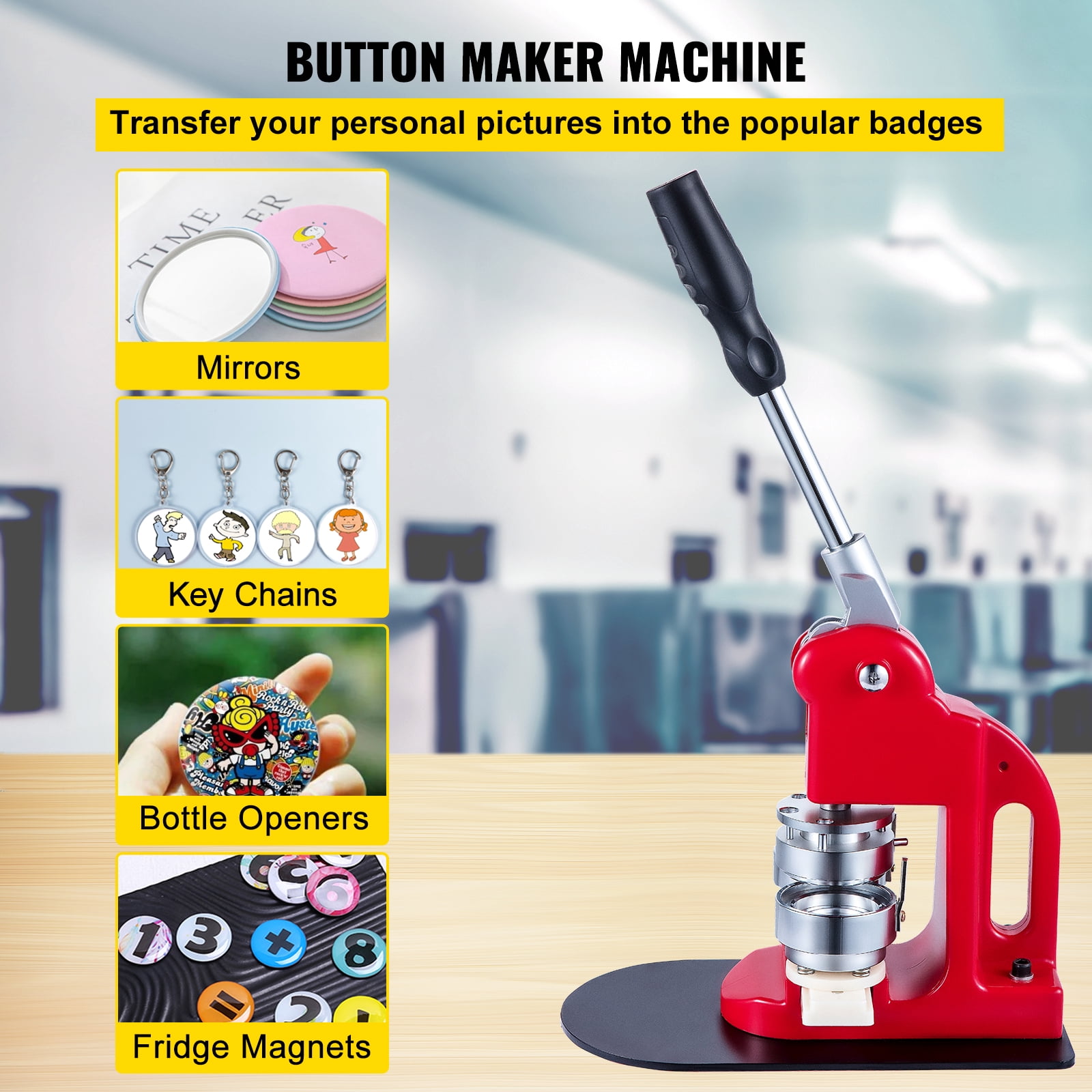 VEVORbrand Button Maker Machine 44 mm Button Badge Maker 1.73 Inch Red Pins Punch Press Machine With 1000 Pcs Circle Button Parts And Circle Cutter