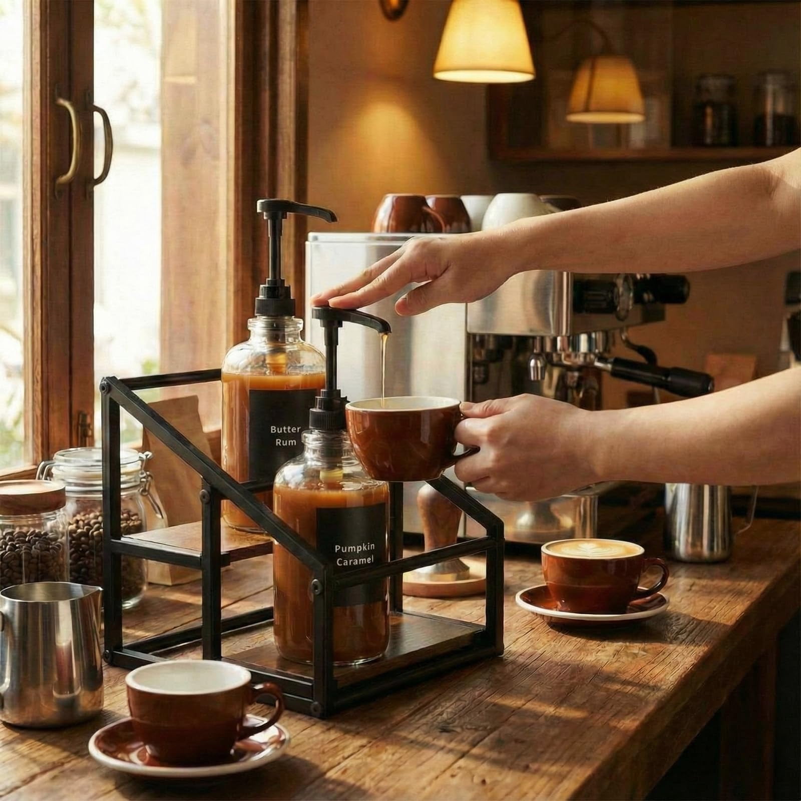 Coffee Bar Accessories  4 Pack 16.9oz/500ml Syrup Dispenser With 1/4oz Pump 2-tier Rack Organizer Labels Straw Brushes Funnels For Kitchen Countertop Wine Dressing Storage
