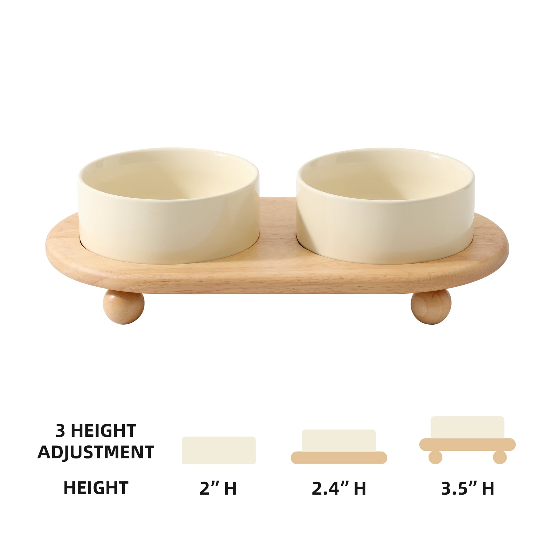 LarqeeWare Ceramic Elevated Cat Food and Water Bowl, Kitty Bowl, Raised Cat Dish, Pet Feeder (5.1 in, 2 x Light Yellow + Stand)