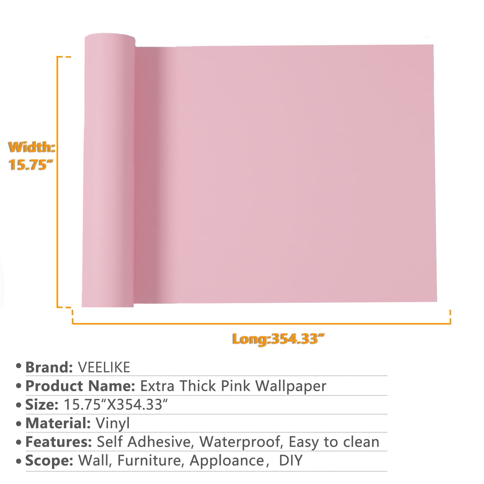 VEELIKE Pink Wallpaper Peel and Stick 15.7''x118'' Self Adhesive Thicken Pink Contact Paper for Bedroom Waterproof Vinyl Film Roll for Walls Cabinet Dresser Shelf Drawer Liners Living Room