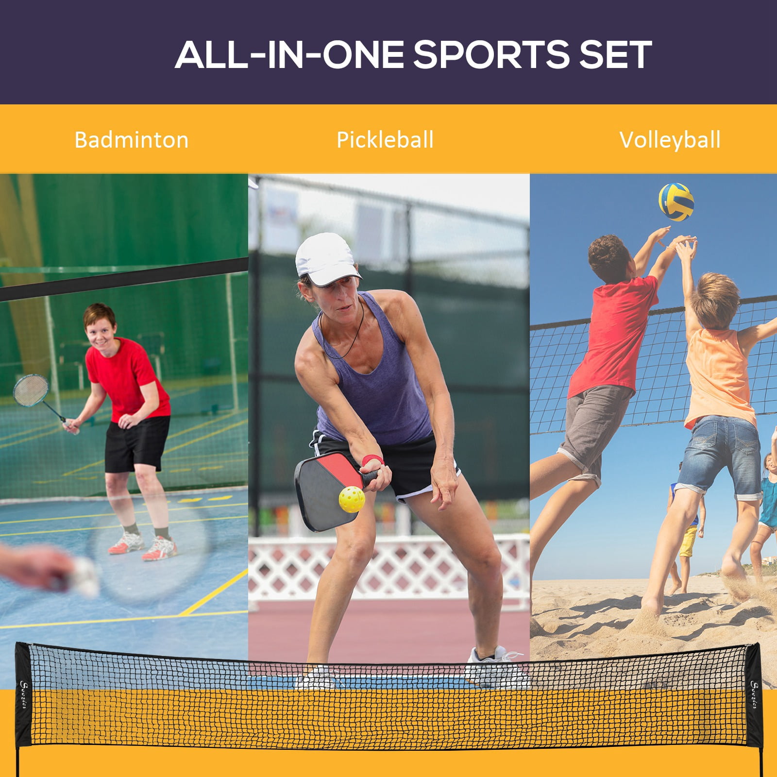 Soozier 17Ft Portable All-In-One Badminton Set,Pickleball and Volleyball Net,Height Adjustable Outdoor Sports Set for Backyard Beach Driveway Games,Black Plastic Sports Fitness Exercise Equipment