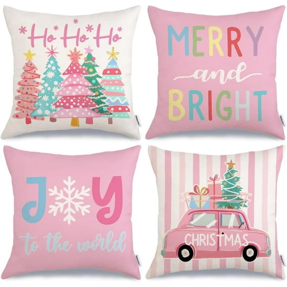 Pink Christmas Throw Pillow Covers 20 x 20 Inch Set of 4, Xmas Trees Truck Merry and Bright Striped Holiday Farmhouse Decorative Cushion Cases for Home Decoration G581-20