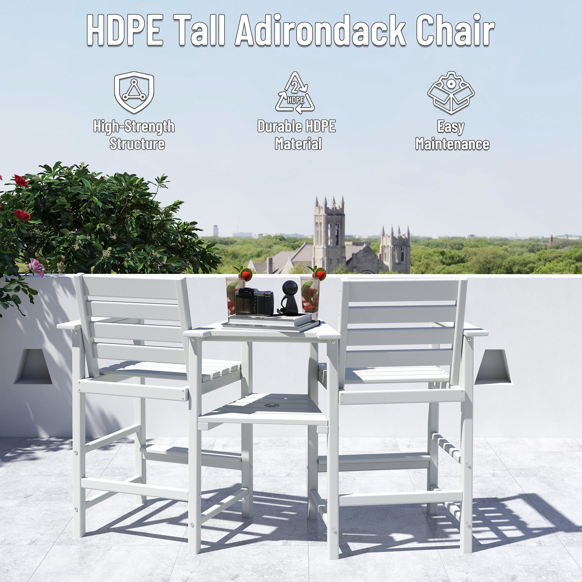 FOOWIN HDPE Plastic Tall Adirondack Chair Set of 2 W/ Outdoor Barstools and Connecting Tray, White